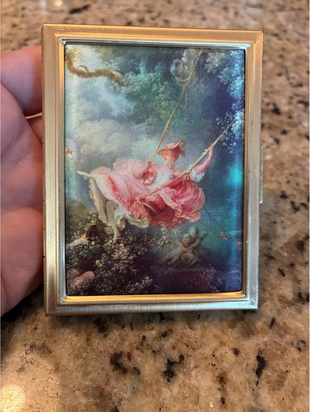 Vintage Gold Tone Photo Case with Fragonard Style Swing Scene